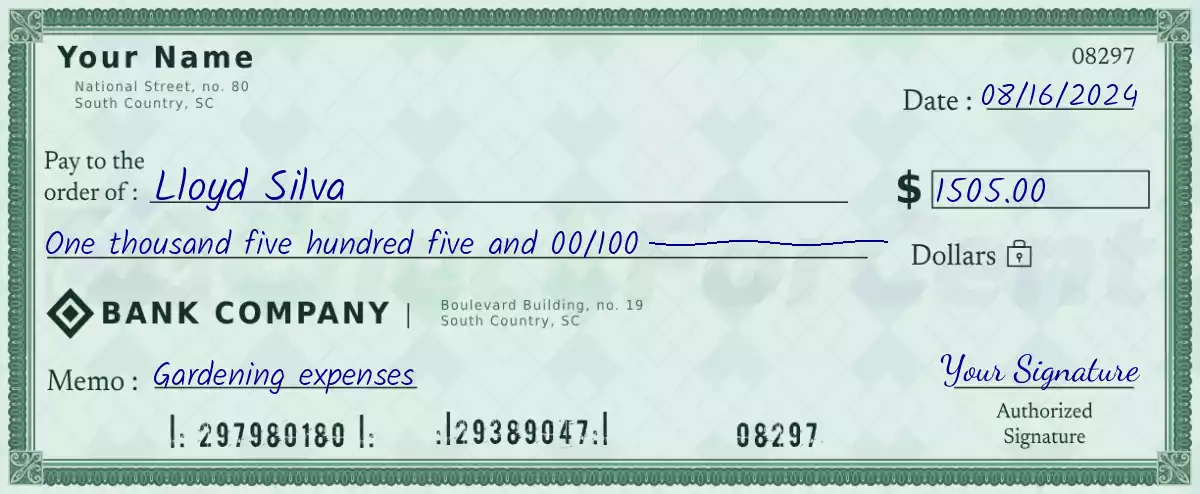 Example of a 1505 dollar check