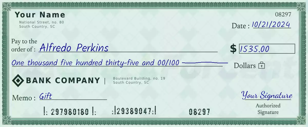 Example of a 1535 dollar check
