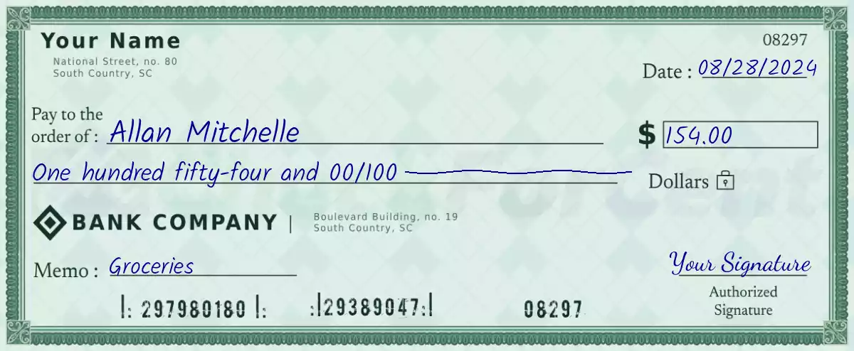 Example of a 154 dollar check