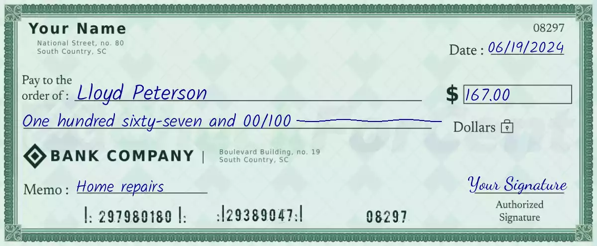 Example of a 167 dollar check
