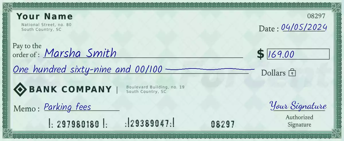 Example of a 169 dollar check