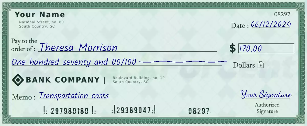 Example of a 170 dollar check