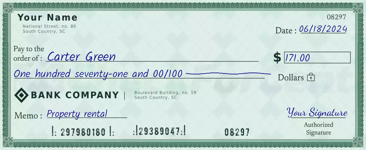 Example of a 171 dollar check