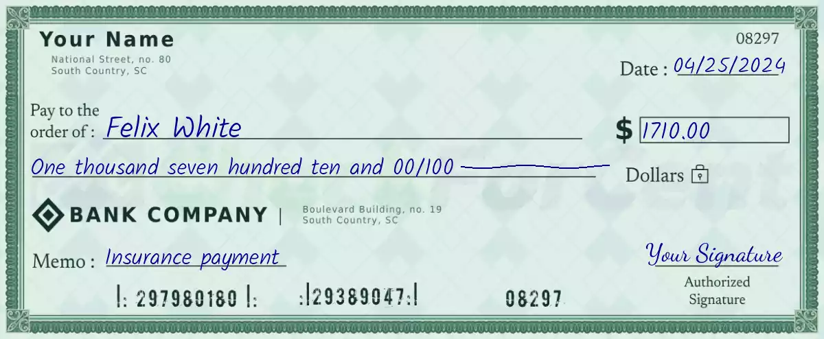 Example of a 1710 dollar check