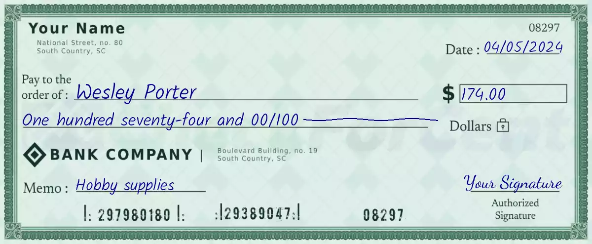 Example of a 174 dollar check