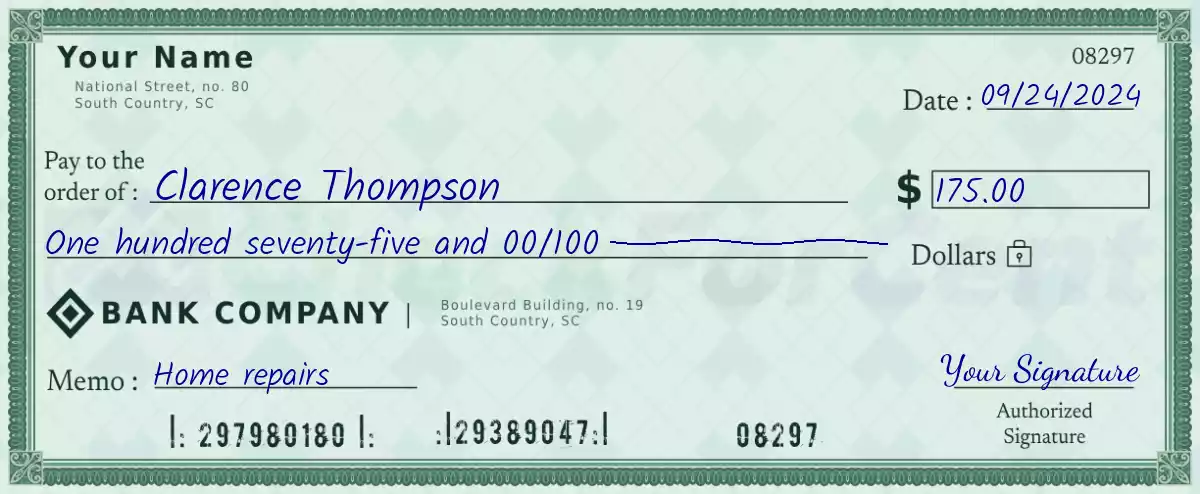 Example of a 175 dollar check