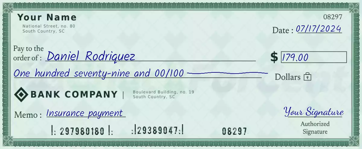 Example of a 179 dollar check