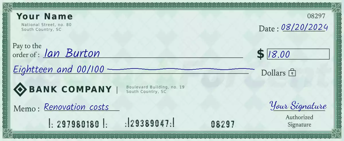 Example of a 18 dollar check