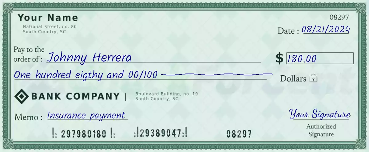Example of a 180 dollar check