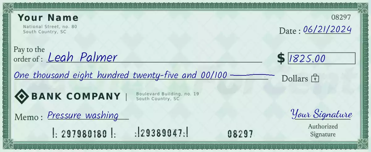 Example of a 1825 dollar check