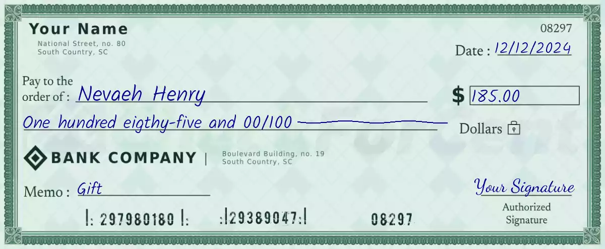 Example of a 185 dollar check