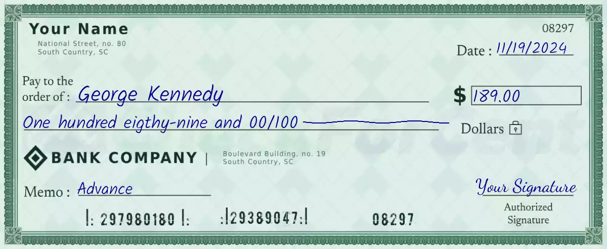 Example of a 189 dollar check