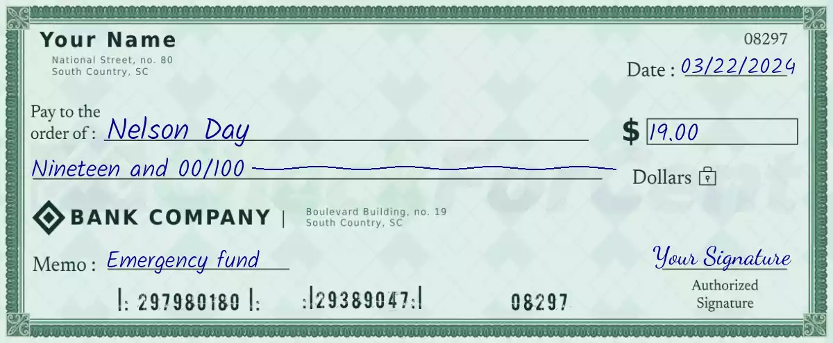 Example of a 19 dollar check