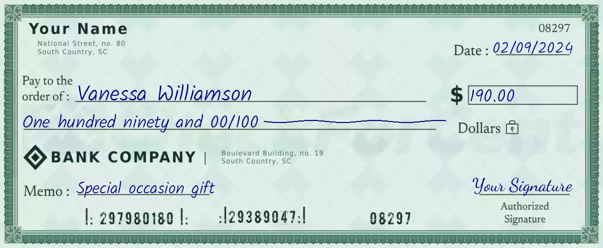 Example of a 190 dollar check