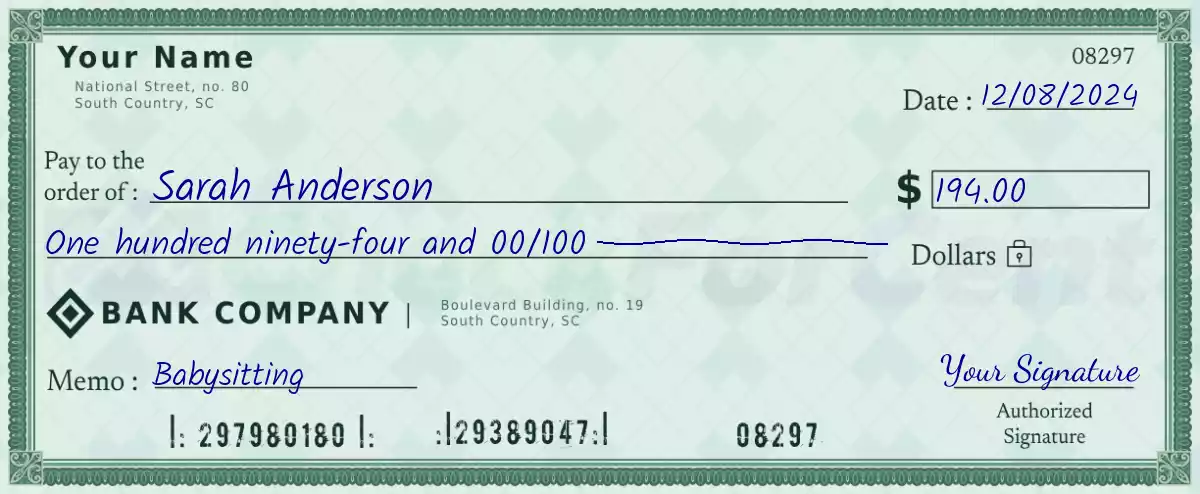 Example of a 194 dollar check