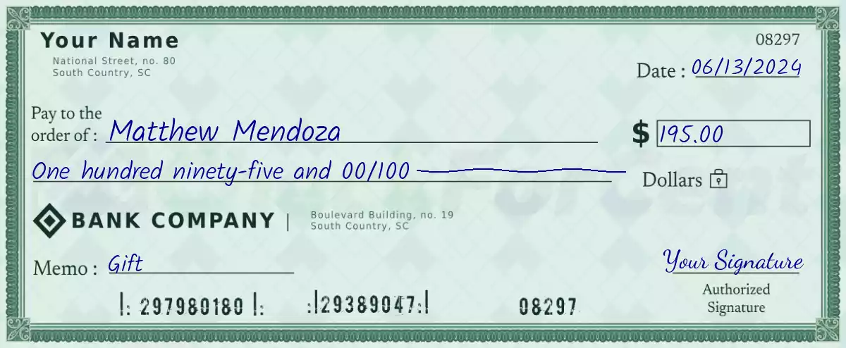 Example of a 195 dollar check