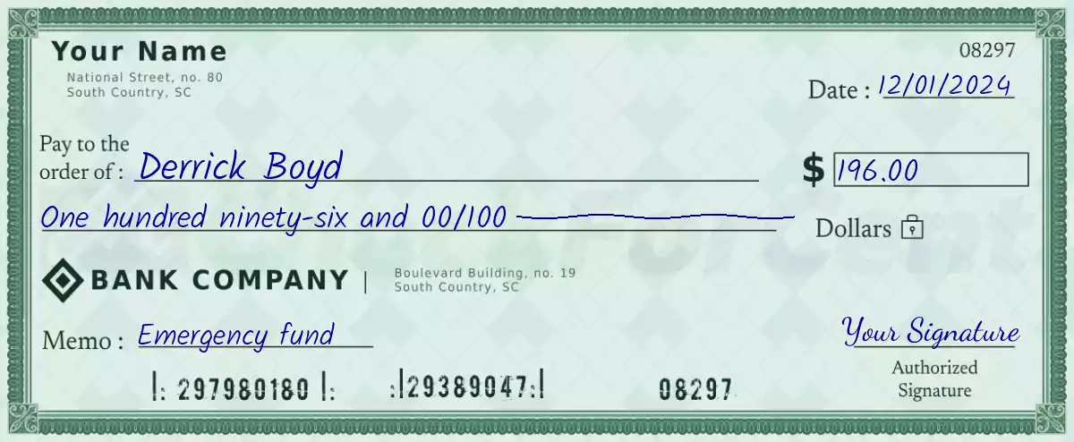 Example of a 196 dollar check