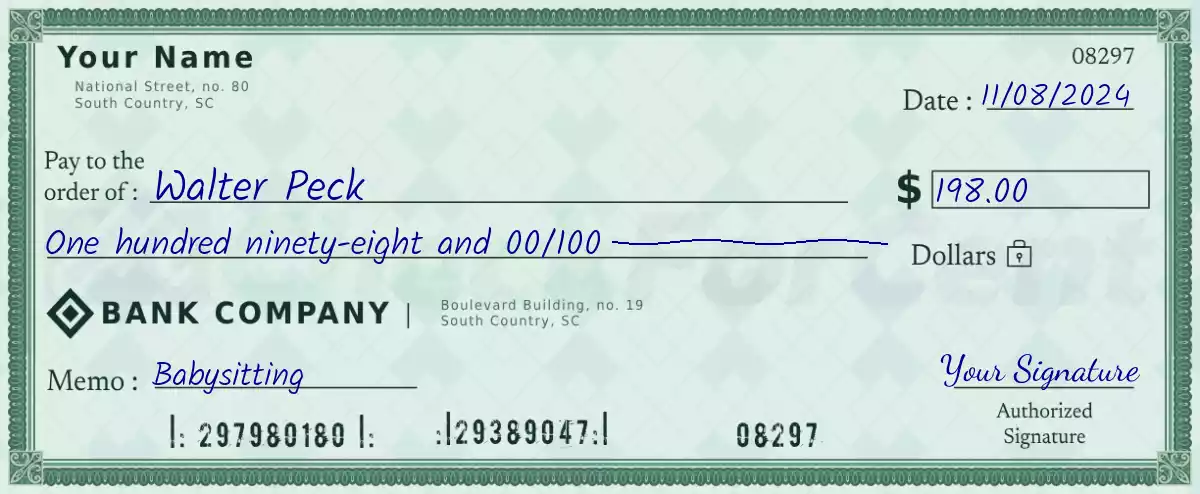 Example of a 198 dollar check