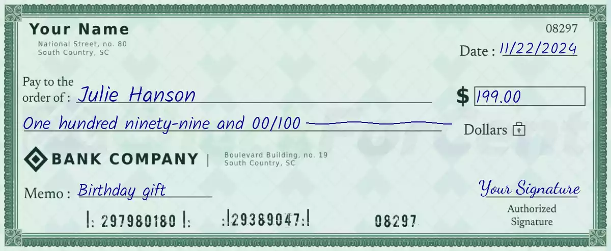 Example of a 199 dollar check