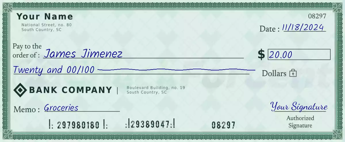 Example of a 20 dollar check
