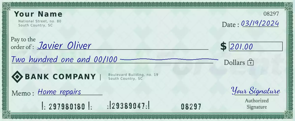 Example of a 201 dollar check