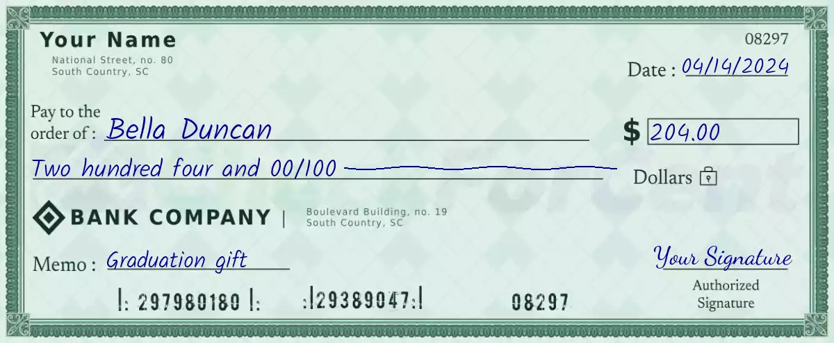 Example of a 204 dollar check