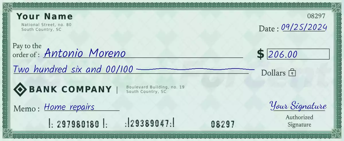 Example of a 206 dollar check