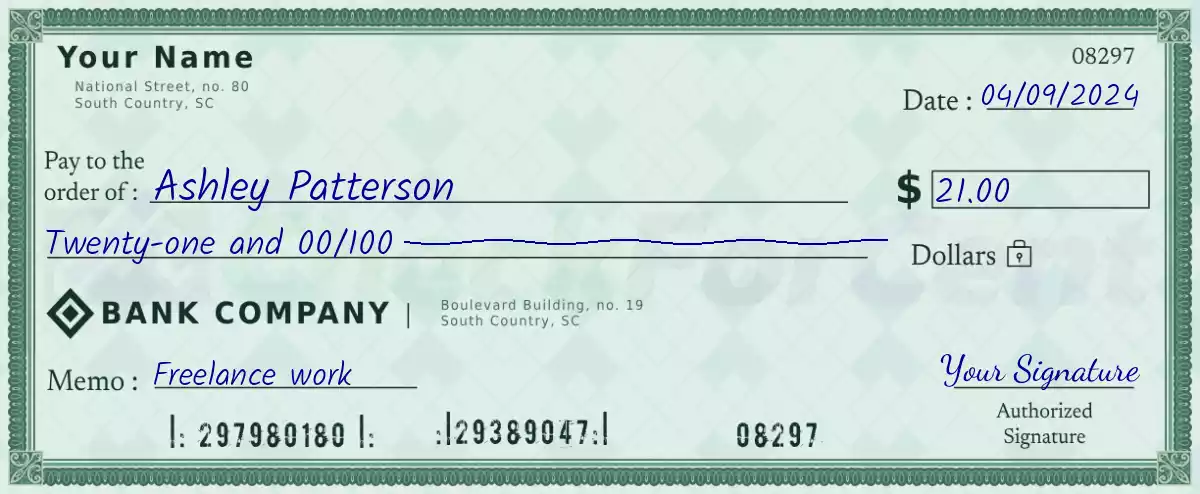 Example of a 21 dollar check