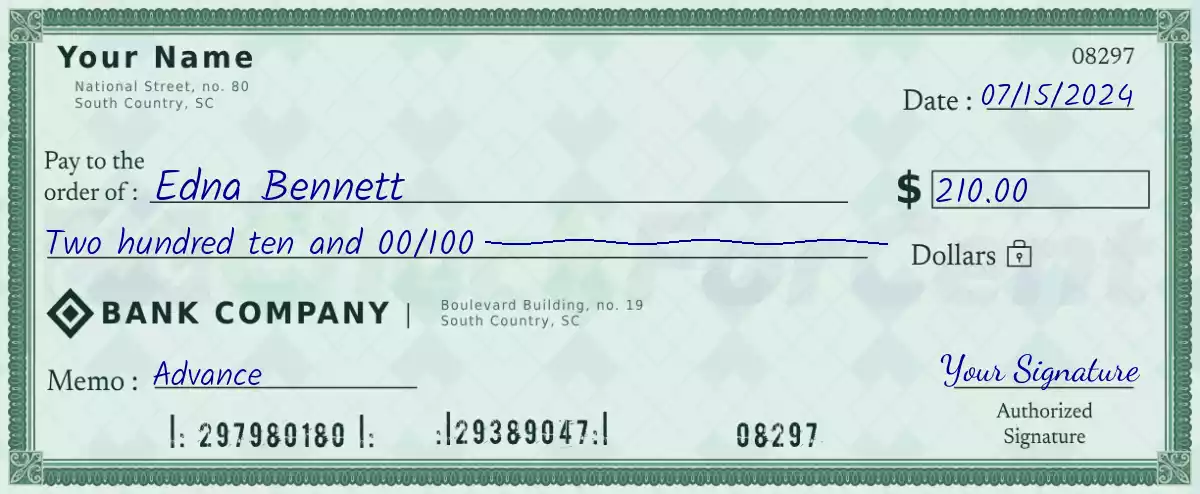 Example of a 210 dollar check
