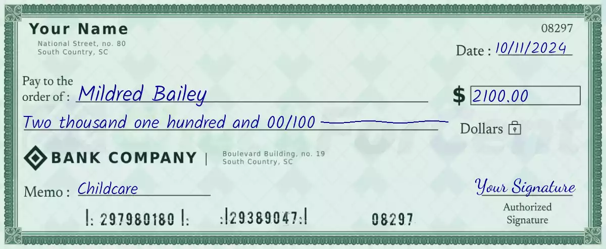 Example of a 2100 dollar check