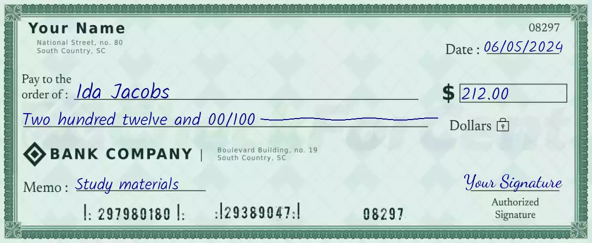Example of a 212 dollar check