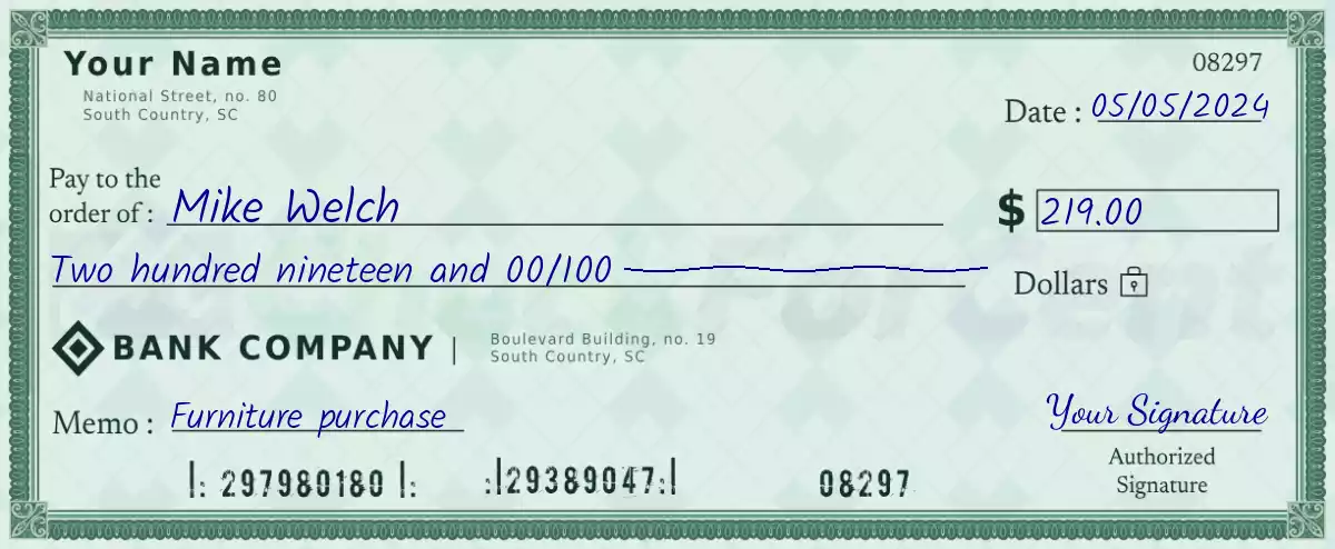 Example of a 219 dollar check