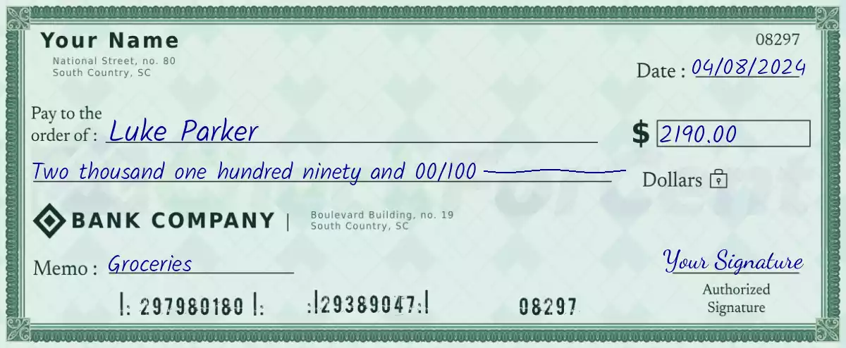 Example of a 2190 dollar check