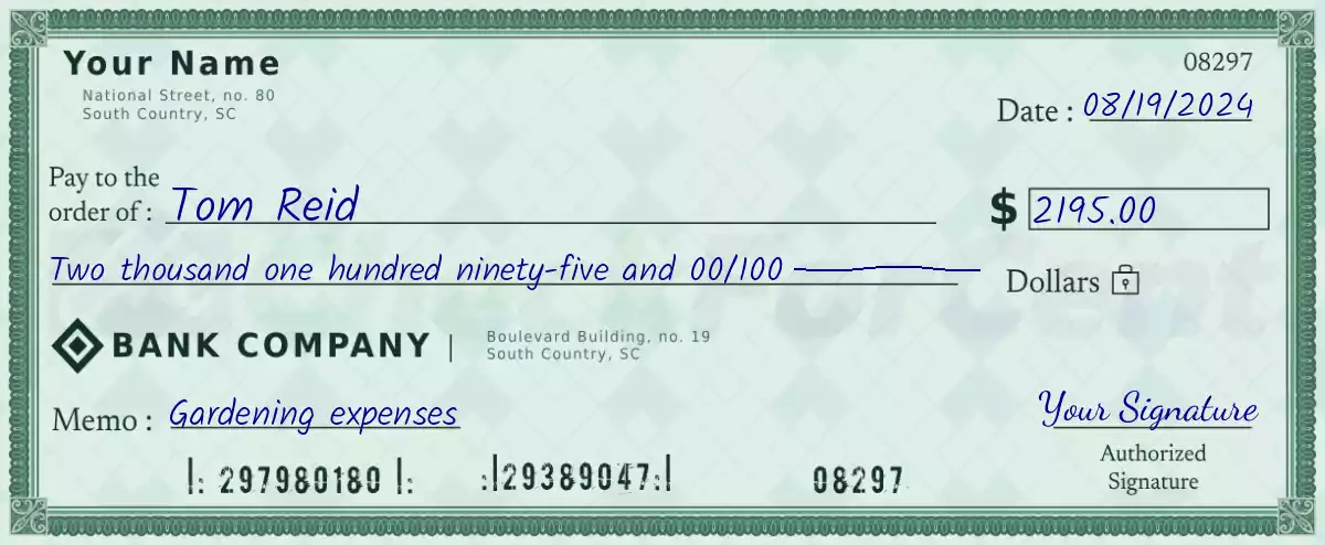 Example of a 2195 dollar check