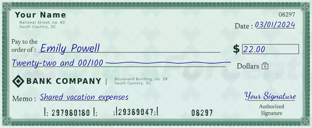 Example of a 22 dollar check