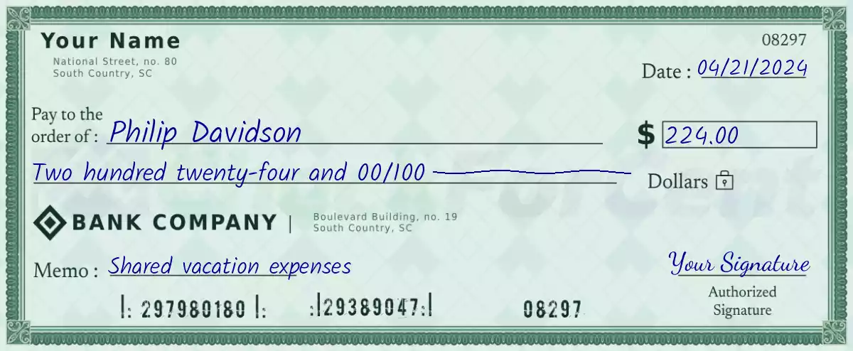 Example of a 224 dollar check