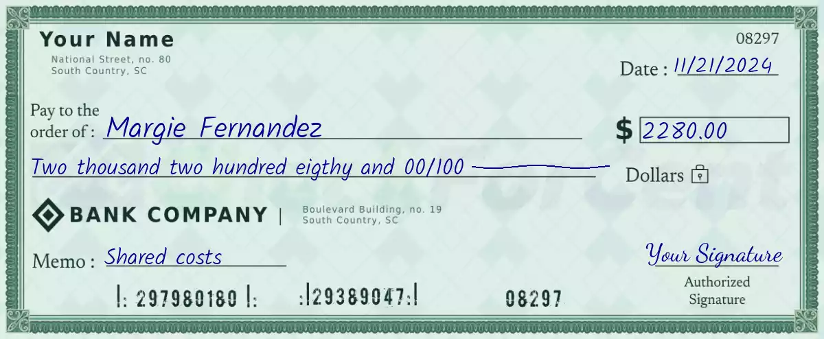 Example of a 2280 dollar check