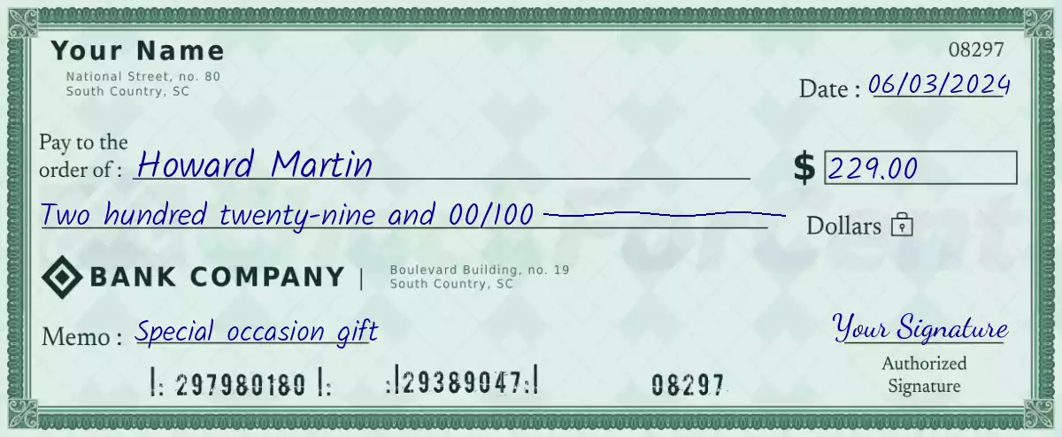 Example of a 229 dollar check