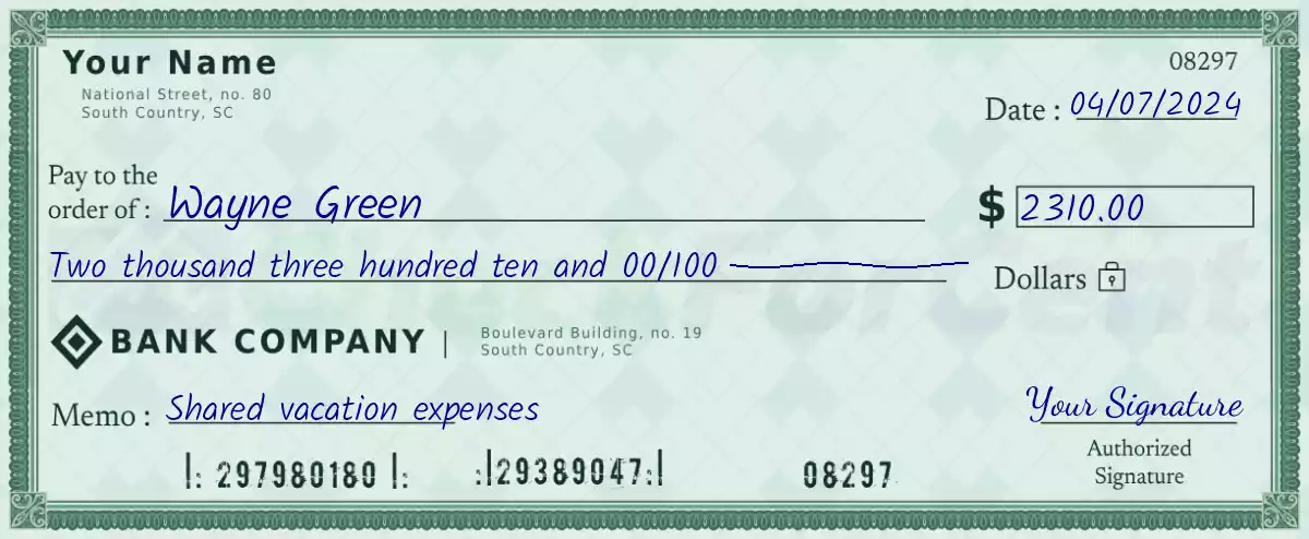 Example of a 2310 dollar check