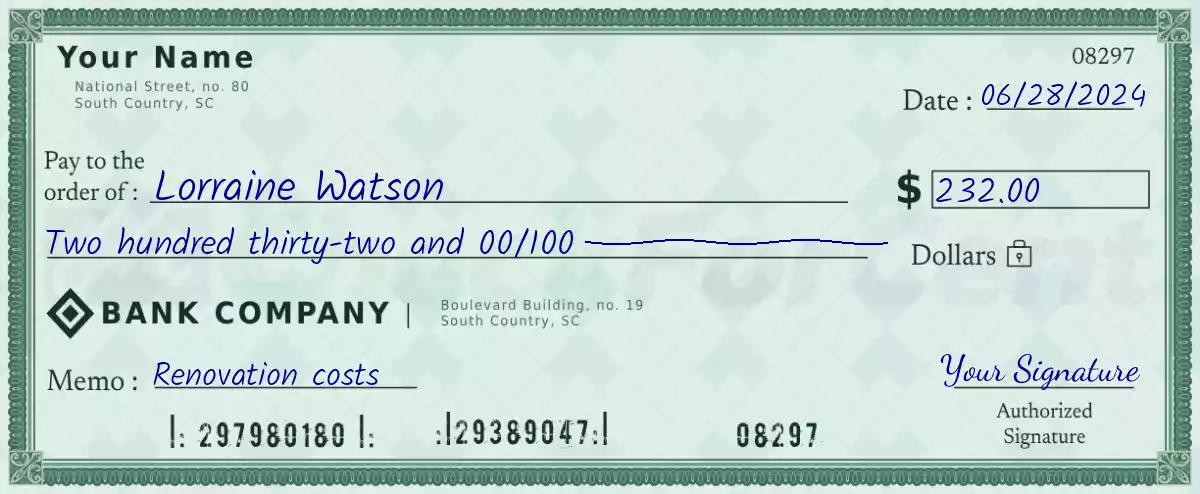 Example of a 232 dollar check