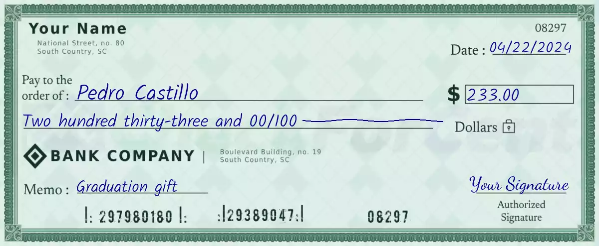 Example of a 233 dollar check
