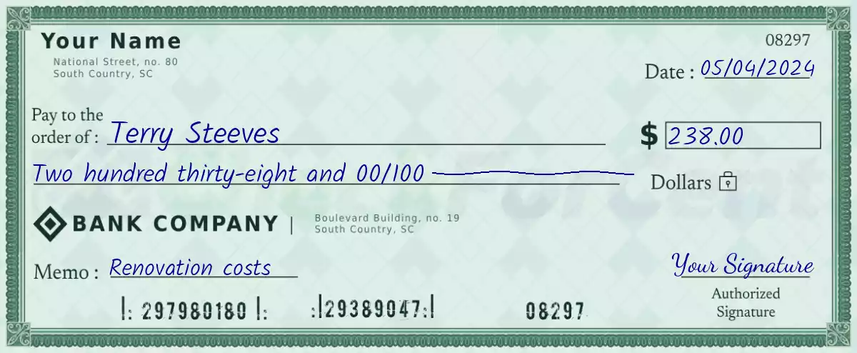 Example of a 238 dollar check