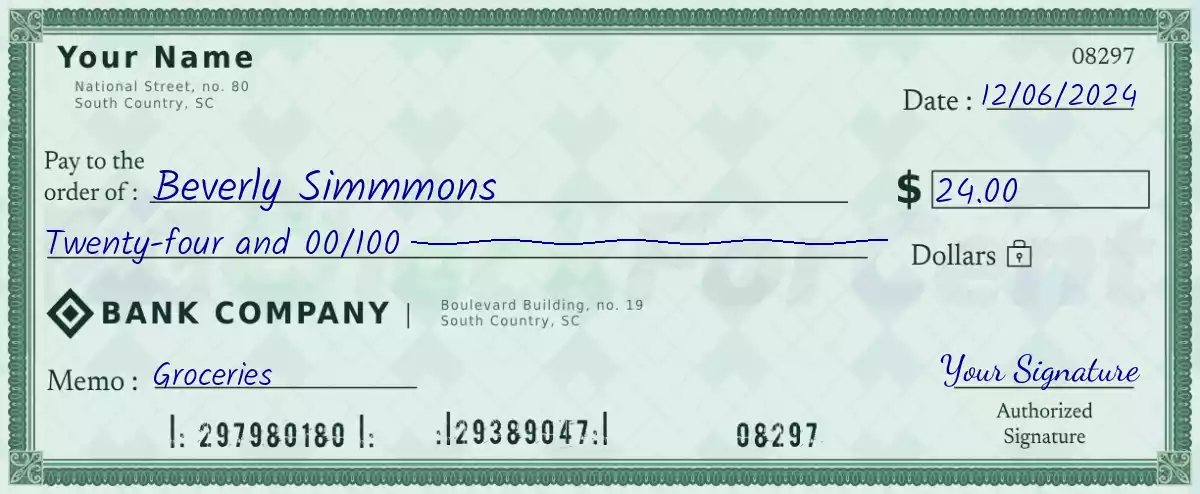 Example of a 24 dollar check