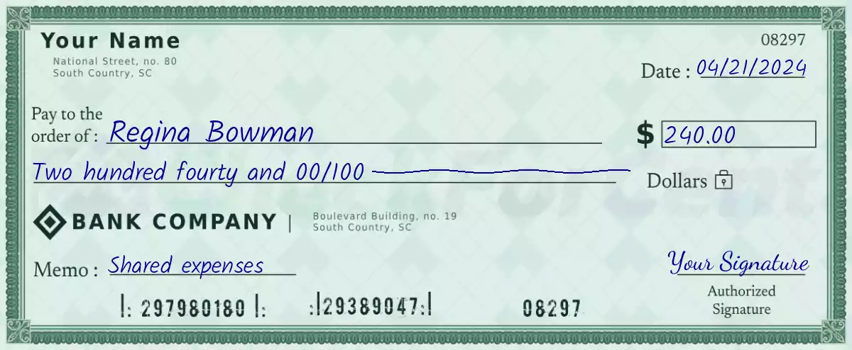 Example of a 240 dollar check