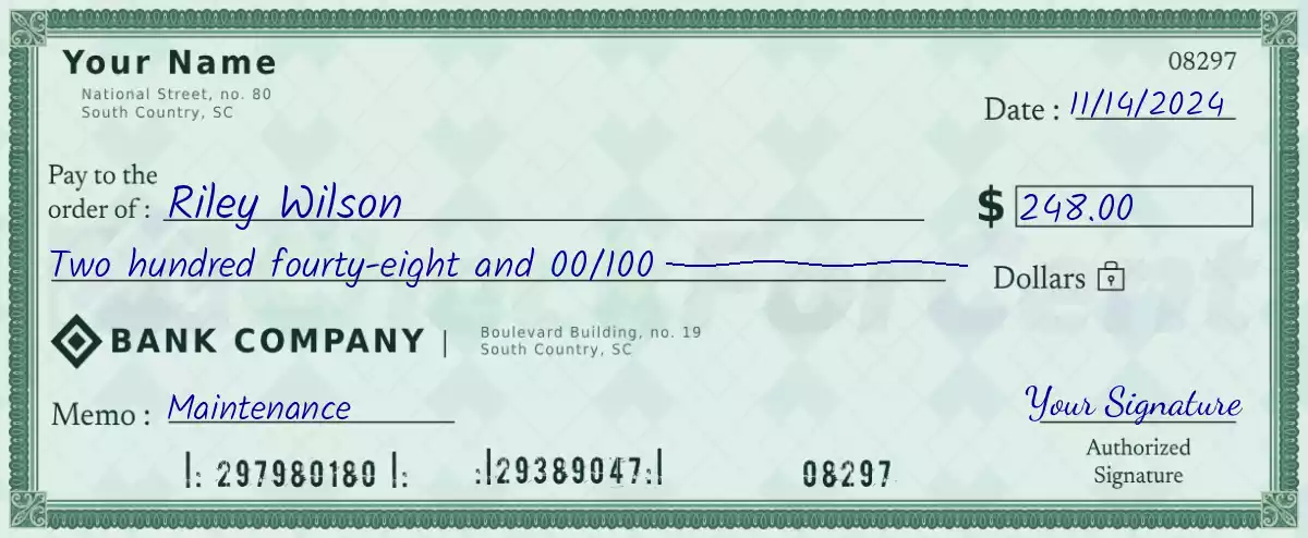 Example of a 248 dollar check