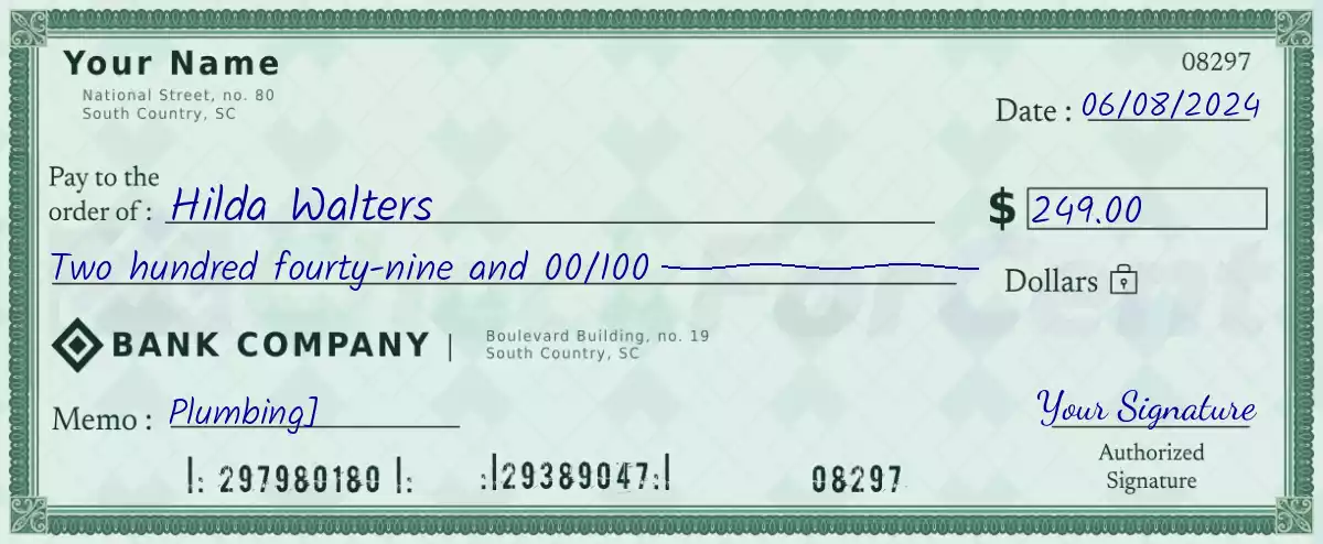 Example of a 249 dollar check