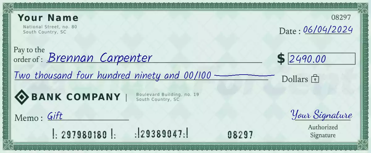 Example of a 2490 dollar check
