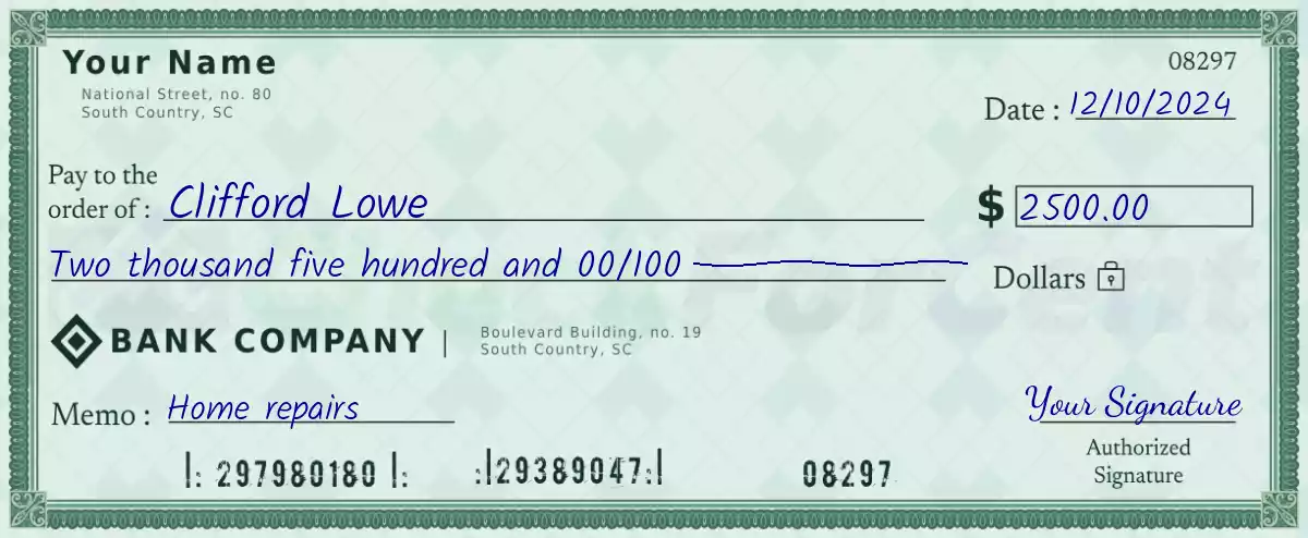 Example of a 2500 dollar check