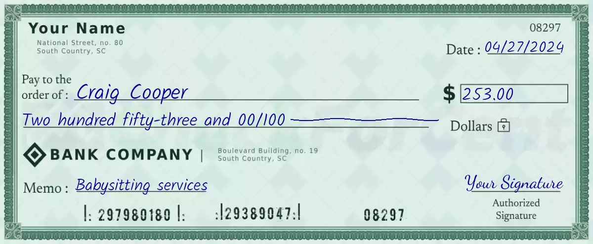 Example of a 253 dollar check
