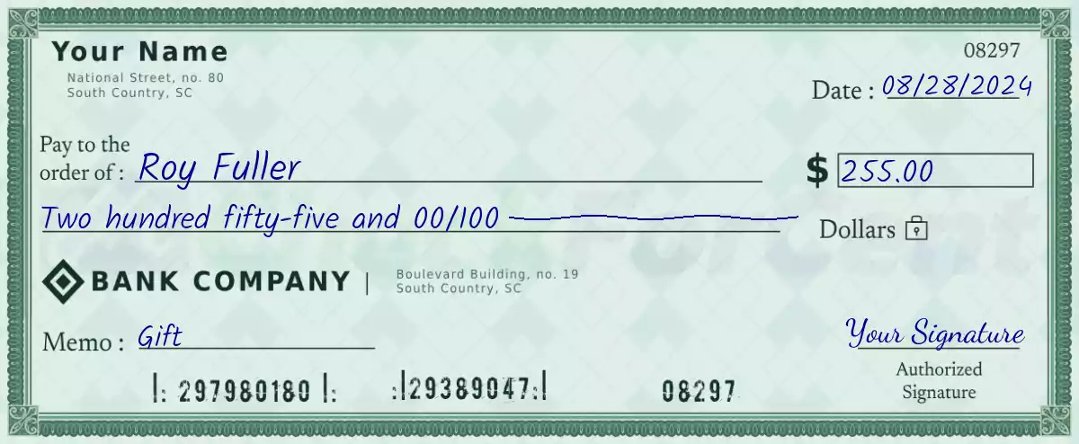 Example of a 255 dollar check